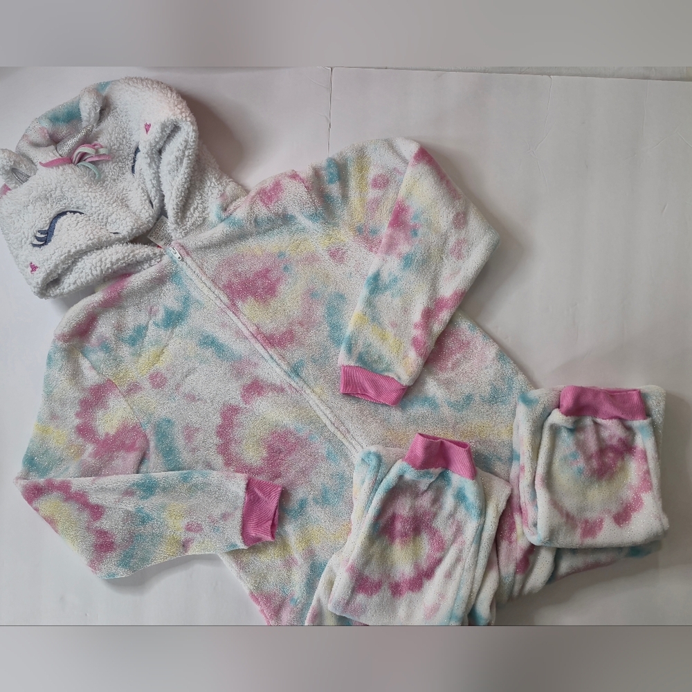 Unicorn Hooded Pajama Onesie | Girls Size M (10/12) | Sparkly Tie-Dye |
